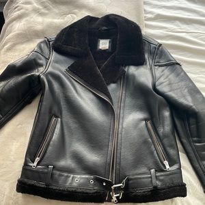 Black Faux Leather Aviator Jacket with Fur